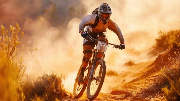 A professional cyclist rides an enduro trail bike through a dusty path, kicking up dirt as the sun sets.