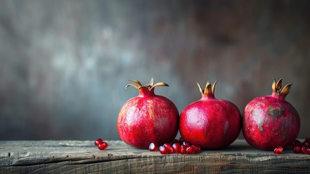 Three ripe pomegranates, with some seeds scattered around them, are arranged on a rustic wooden tabletop against a blurred gray background.