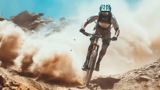 A professional cyclist rides an enduro trail bike through a dusty trail.