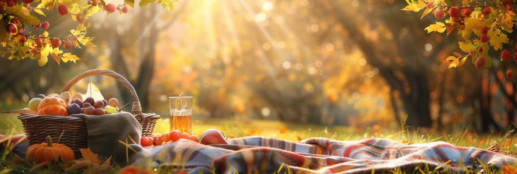 A picnic blanket is laid out on the grass with a wicker basket filled with fruit and a glass of juice. Golden trees provide a backdrop.