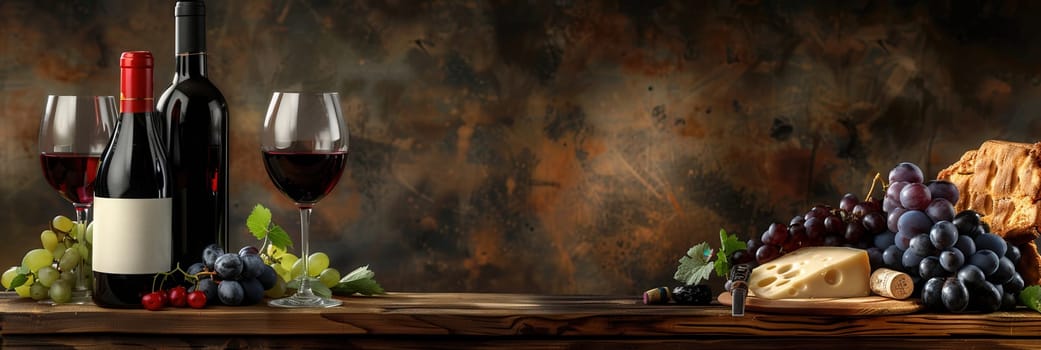 Two bottles of red wine with glasses filled with wine sit on a wooden table, along with grapes and a wedge of cheese.
