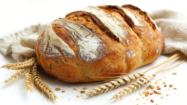 A freshly baked loaf of wheat bread sits on a white background with wheat stalks nearby.