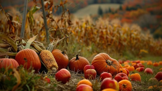 A bountiful autumn harvest with pumpkins, apples, and corn in a rural field.
