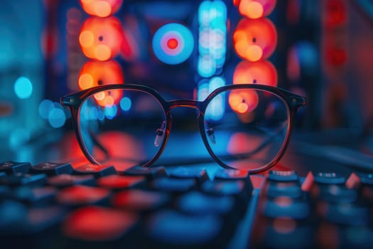 Eyeglasses rest on a computer keyboard, with red and blue lights reflecting in the lenses, creating a vibrant and modern aesthetic.