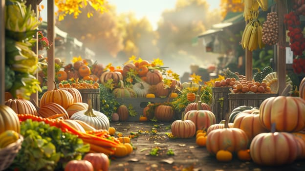 A bustling farmers market overflowing with fall produce, including pumpkins, squash, carrots, and apples.