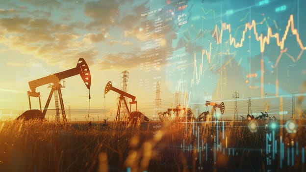 A field of oil pumpjacks operates at sunset against a backdrop of financial charts showing fluctuating prices.