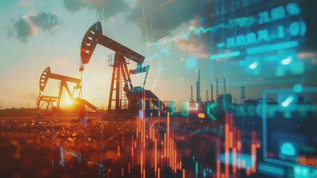 Double exposure photo of oil pumps in a field at sunset with screens showing financial charts revealing rising gas prices