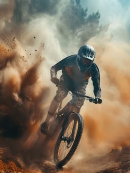 A professional cyclist rides an enduro trail bike through a cloud of dust on a sunny day.