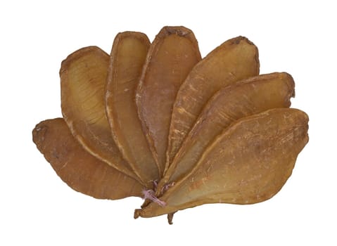 Fish Maw Soup or Dried Fish Stomach (Dried Fish Bladder) isolated on white background with clipping path. Chinese dried food, Healthy eating lifestyle concept, Space for text, Selective focus.