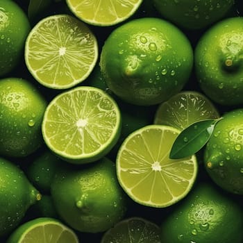 Close-up of vibrant green limes backdrop, arranged beautifully. Ideal for food blogs, menus, and social media posts. A refreshing and eye-catching image for various creative projects.