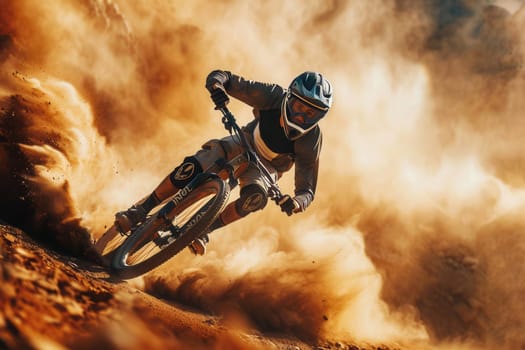 A professional cyclist races down a dusty trail on their enduro mountain bike. The cyclist's helmet and goggles are covered in dirt as they navigate the challenging terrain.