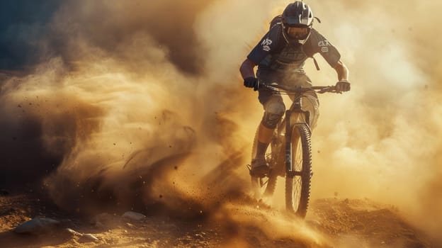 A professional cyclist races down a dirt path on an enduro trail bike, kicking up a cloud of dust as the sun sets.