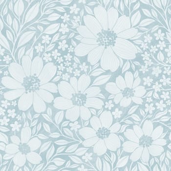 Floral Seamless Pattern of Pastel Light Blue Flowers and Leaves on Darker Backdrop with Texture, Great for Textiles, Wallpapers, Wrapping Papers, Fabrics, Package Design, Fashion, Beauty Products