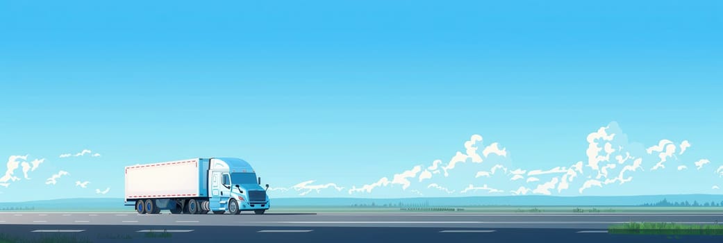 A semi-truck drives on a highway with an open horizon and a clear blue sky with white clouds.