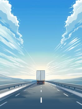 A semi-truck drives down a straight highway under a bright blue sky with white clouds.