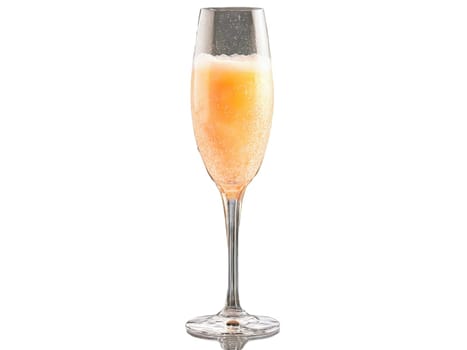 Bellini A chic champagne glass with pale peach liquid bubbles and peach slice with prosecco. Drink isolated on transparent background.
