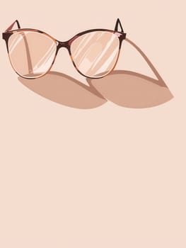 A pair of brown tortoise shell eyeglasses with clear lenses lies on a pale pink background, casting a shadow below.