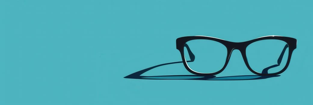 Black eyeglasses with a shadow cast on a teal blue background.