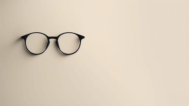 A pair of black round eyeglasses sits on a light beige surface.