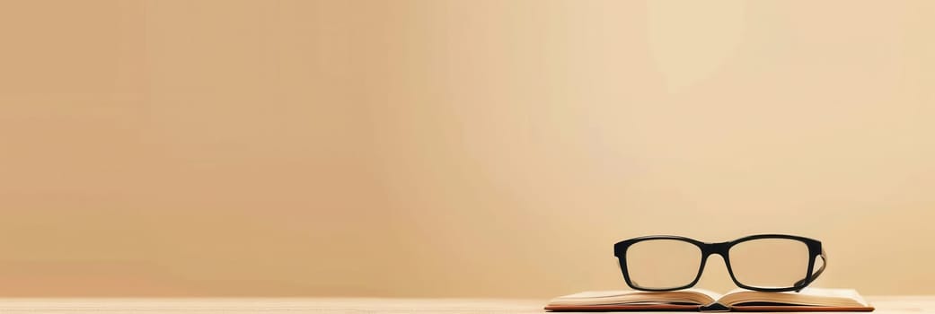 A pair of black eyeglasses sit on a closed book on a beige table.
