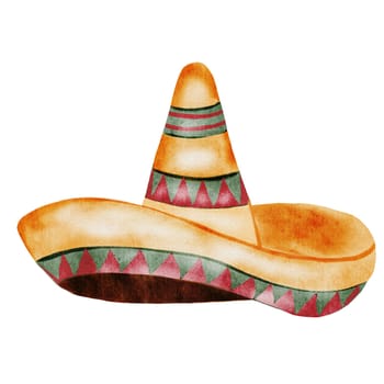 Sombrero watercolor. Mexican headdress hand drawing on isolated white background. Panama hat clip art. High quality illustration