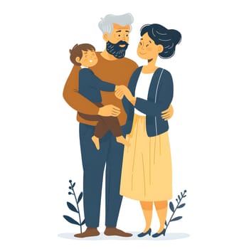 An elderly couple is gently cradling a child in their arms, showcasing a heartwarming gesture of love. It looks like a scene straight out of a happy animated cartoon