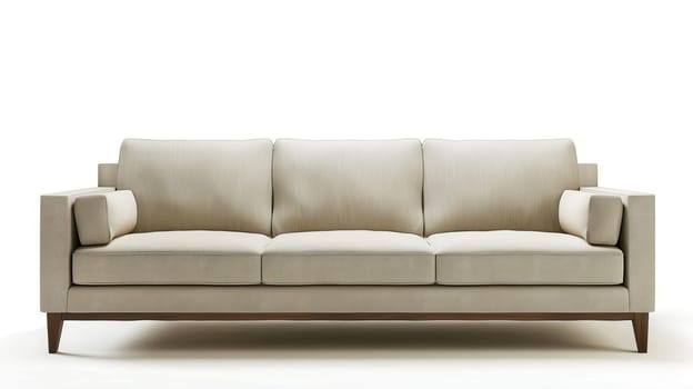 A white sofa with three cushions and wooden legs sits on a white background.