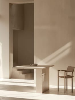 A modern stone table and chair sit in a minimalist interior space with natural light.