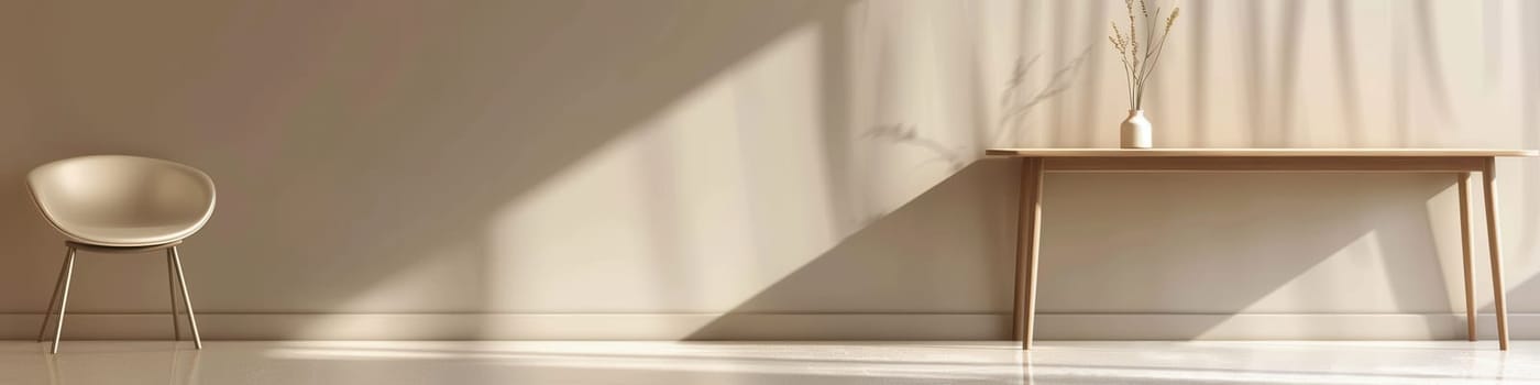A white chair on white tiles, a beige wall, a wooden table, and a vase of dried flowers. Sunlight streams, casting shadows through a window