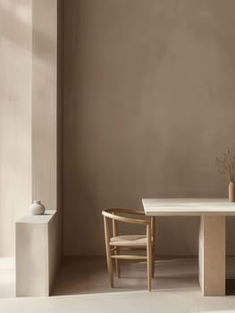 A single wooden chair sits beside a rectangular table with a white top and a beige base, in a room with beige walls.