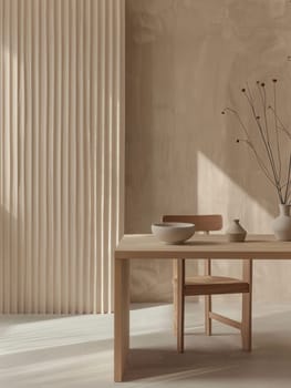 A single wooden chair sits at a light wood table in a sunlit room with sheer curtains.