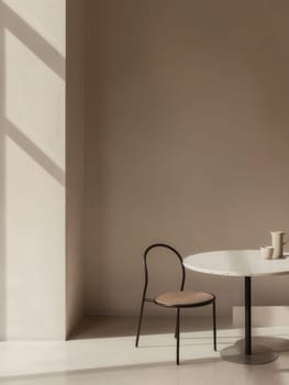A chair with a woven seat and black metal frame sits near a round white marble table in a modern dining room.