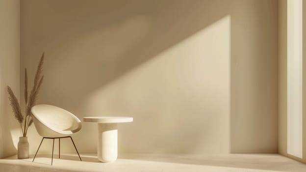 A white chair and table sit in a minimalist room, bathed in natural light streaming through a window. A vase of dried grasses adds a touch of texture.