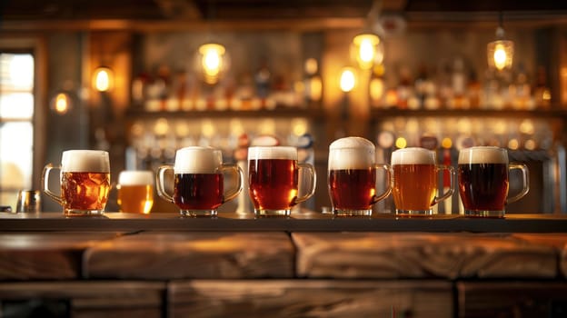A row of six full beer mugs with various types of beer sit on a bar counter in a dimly lit pub setting.