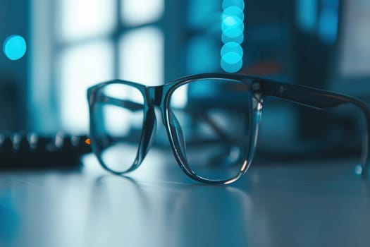 Black framed eyeglasses with clear lenses rest on a white surface. The background is out of focus and features a blue light source.