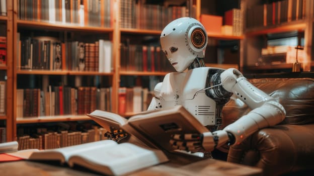 An artificial intelligence robot sits in a library, reading a book while surrounded by bookshelves filled with volumes.