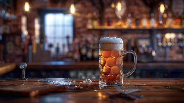 A full glass of beer sits on a bar counter, with a blurry background of a dimly lit pub.