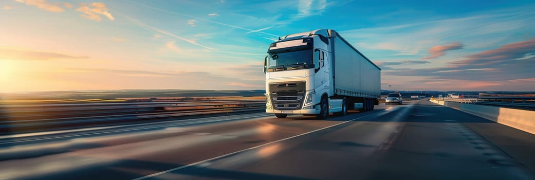 A white semi-truck drives on a highway, with a bright blue sky and a golden sunset in the background.