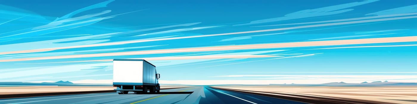 A white semi-truck drives on a highway with an open horizon and blue sky.