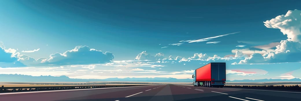 A large semi-truck drives down a straight highway on a sunny day. The sky is a vibrant blue with wispy white clouds.
