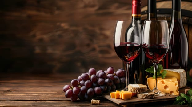 Two glasses of red wine, wine bottles, and a cheese plate are arranged on a wooden table. Grapes and a sprig of mint are present.