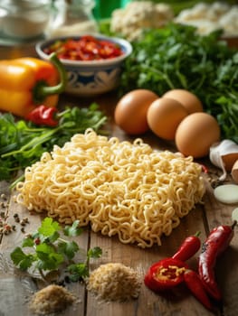 Dried noodles with various fresh ingredients including herbs, peppers, eggs, and vegetables on a wooden kitchen table.