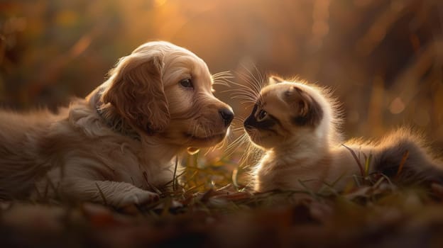A golden retriever puppy and a kitten gaze at each other in a field of autumn foliage.