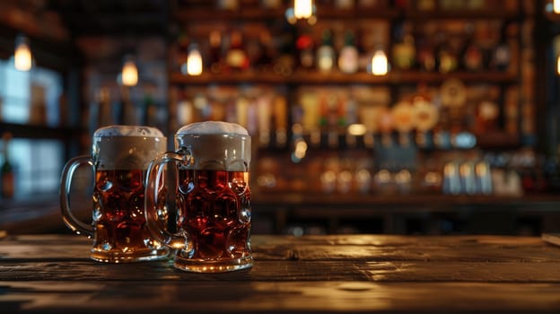Two full beer mugs sit on a wooden bar counter, with a blurred background of a pub's bar and shelves.
