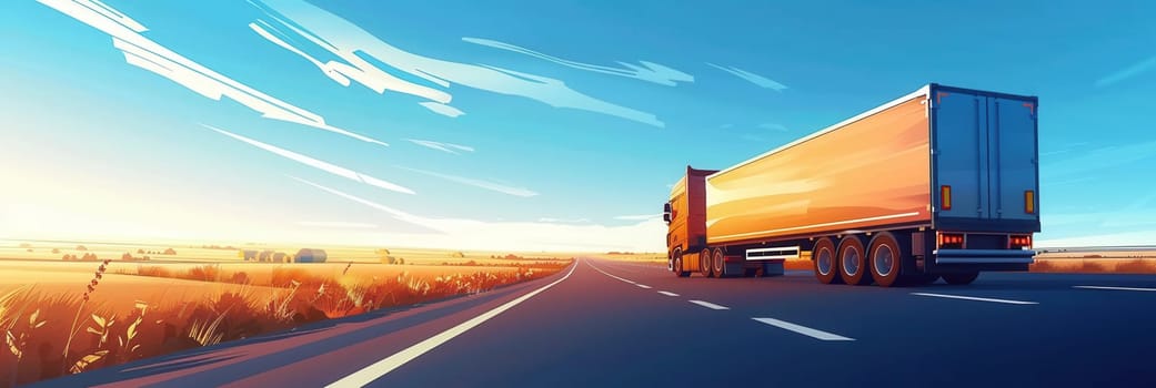 A large semi-truck with a tan trailer drives down a straight highway under a clear blue sky with white clouds.