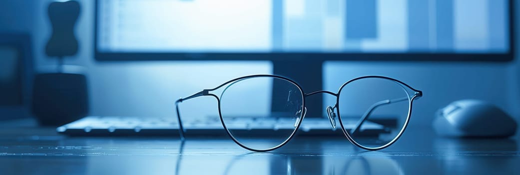 A pair of glasses rests on a desk in front of a computer monitor and a computer mouse. The desk and background are lit in a blue hue.