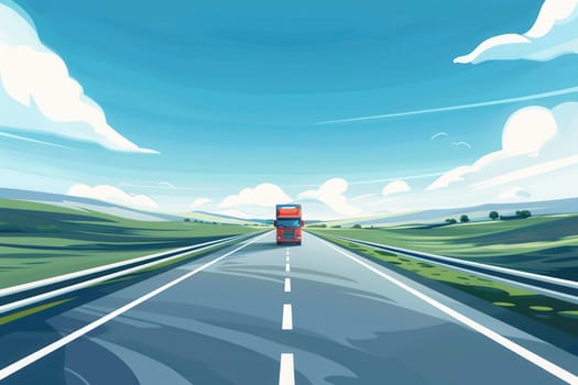 A red semi-truck drives down a straight, empty highway on a sunny day with a clear blue sky and white fluffy clouds.