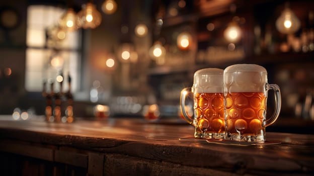 Two full beer mugs sit on a bar counter, illuminated by soft lighting in a pub setting.