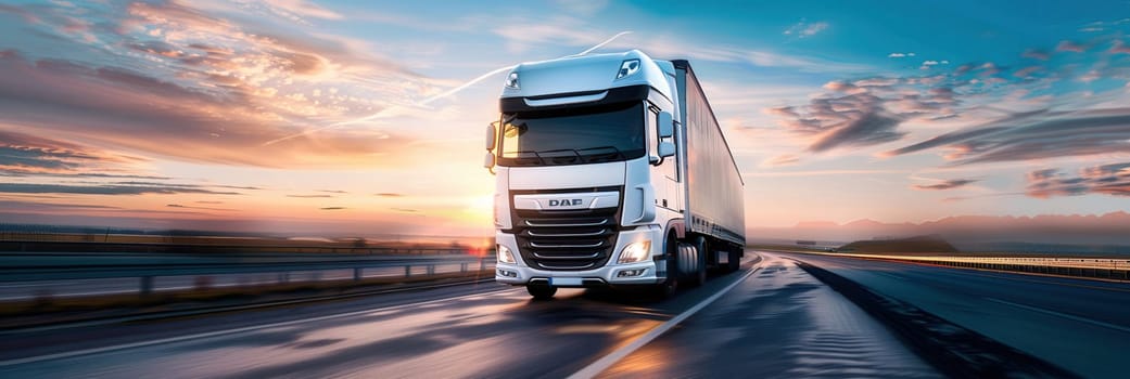 A white semi-truck drives on a highway with a blue sky and a vibrant sunset horizon.