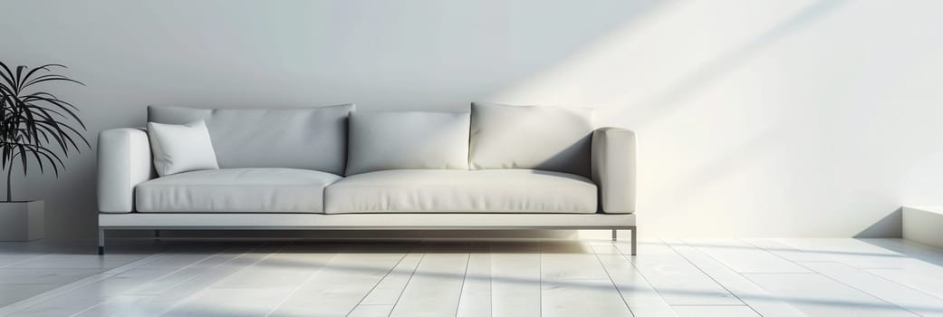 A white sofa with three cushions sits in a bright living room.